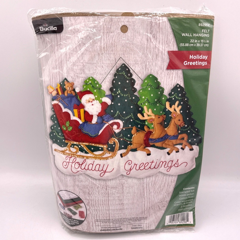 Bucilla Holiday Greetings Felt Wall Hanging Kit Santa Sleigh 89296E Multicolor